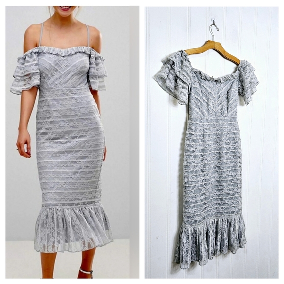 ASOS Lace Dress Off Shoulder Pencil Midi Form Fitting Ruffle Thin Straps Size 4 - Picture 1 of 10